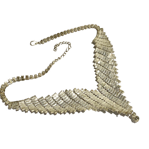 Vintage Silver Choker Necklace Rhinestone Encrusted Clear White Bib Collar Disco - Picture 9 of 10